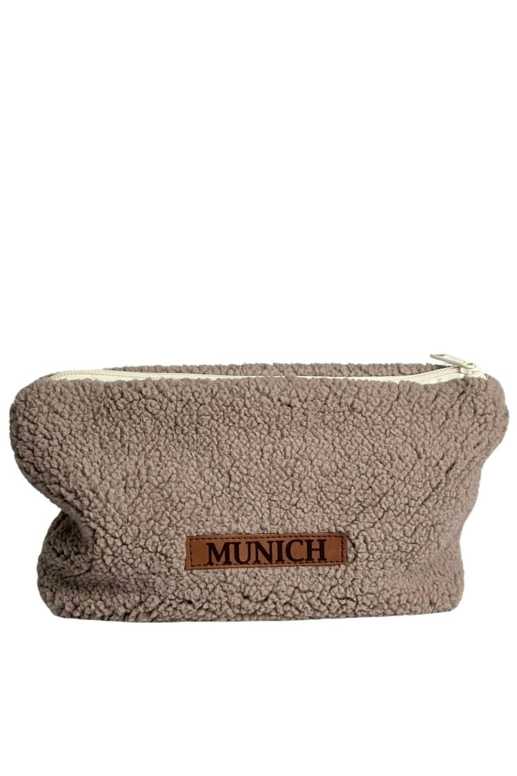 Damen-Kosmetiktasche aus Plüsch, kompakt, Teddybraun, mit München-Aufnäher M 019S05