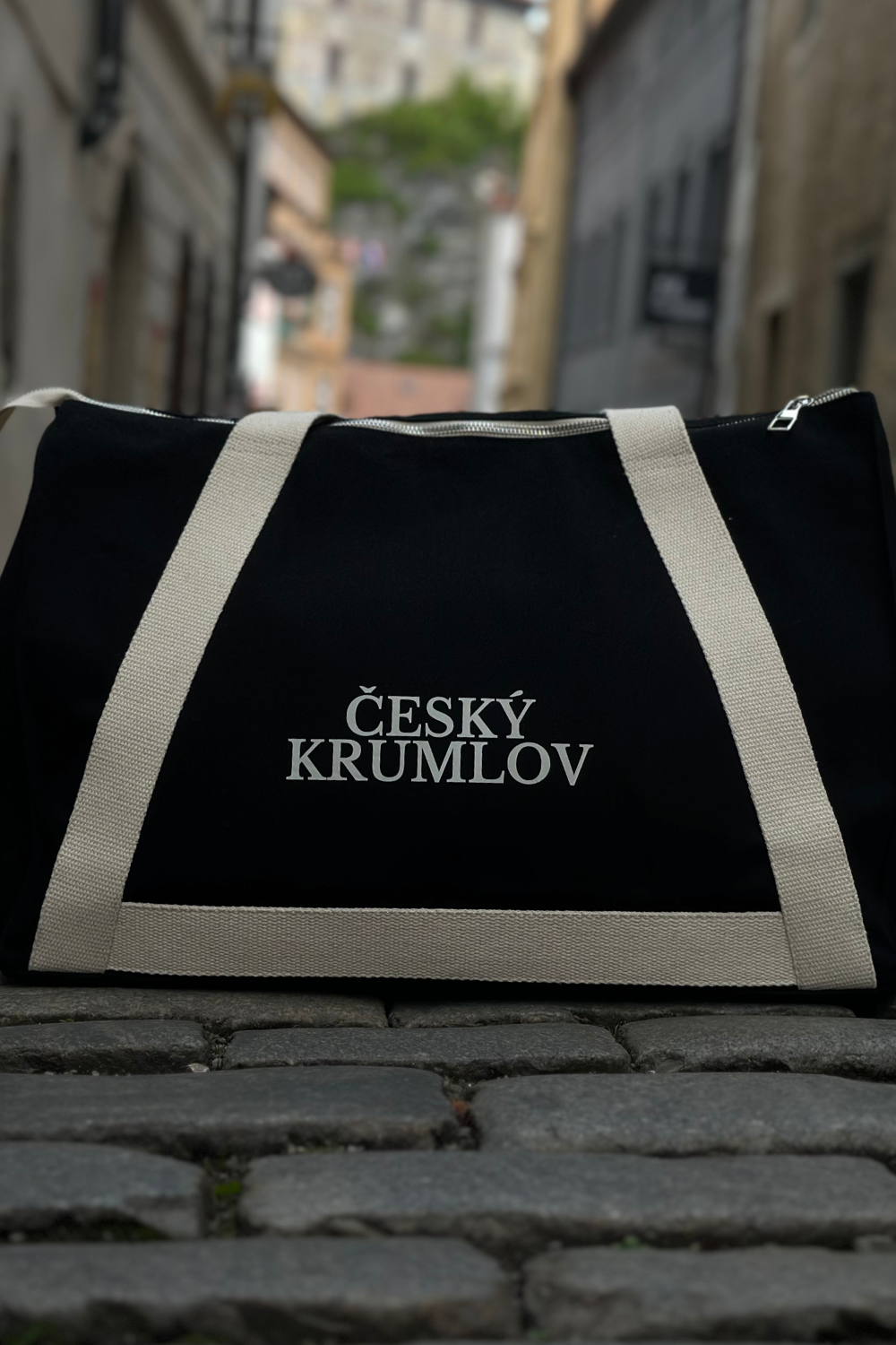 Öko-Tasche mit weißem Griff Schwarz Cesky Krumlov 08S04