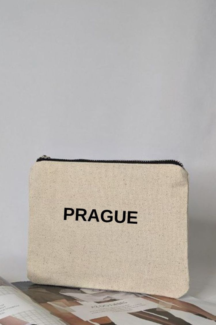 White cotton cosmetic bag with an inscription Prague 031S01