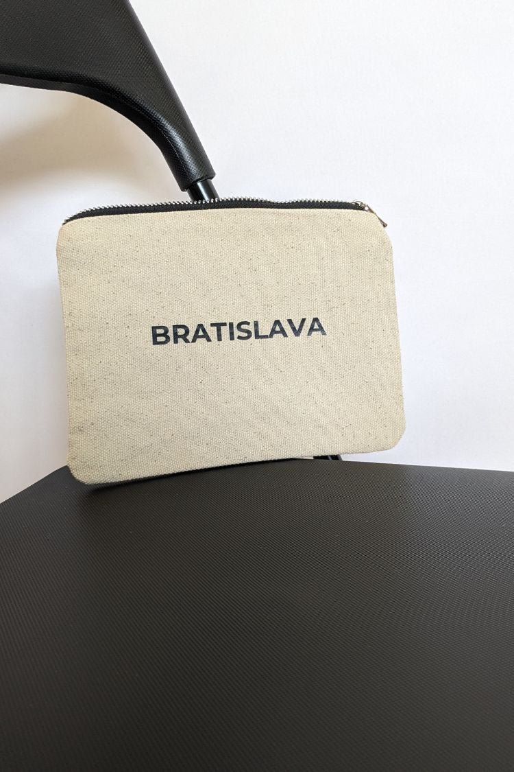 White cotton cosmetic bag with an inscription Bratislava 031S01
