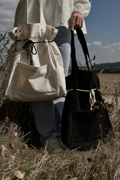 Large Canvas Backpack Tote with Exterior Pocket black or white 07S04