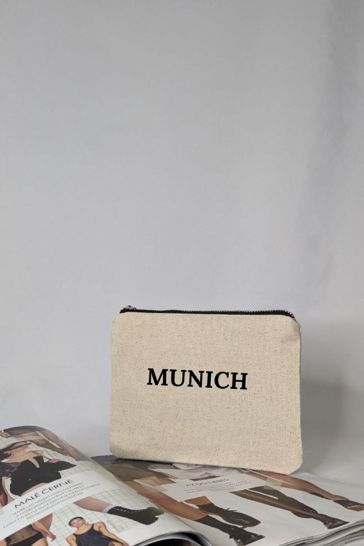 White cotton cosmetic bag with an inscription Munich 031S01